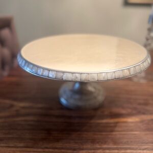 Chic Mother-of-Pearl Iridescent Cake Stand 14”Signed By Designed Silver Inlay